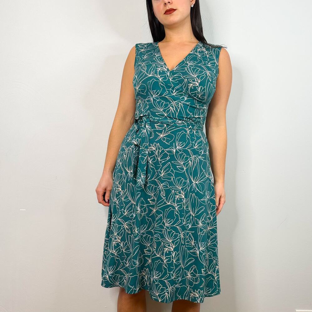 Leota Green Floral Print Midi V-Neck Wrap Dress